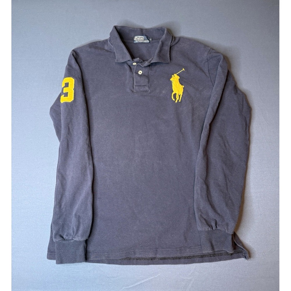 Polo Ralph Lauren Men's L Navy/Yellow Solid Knit Long Sleeve Polo Emb Logo